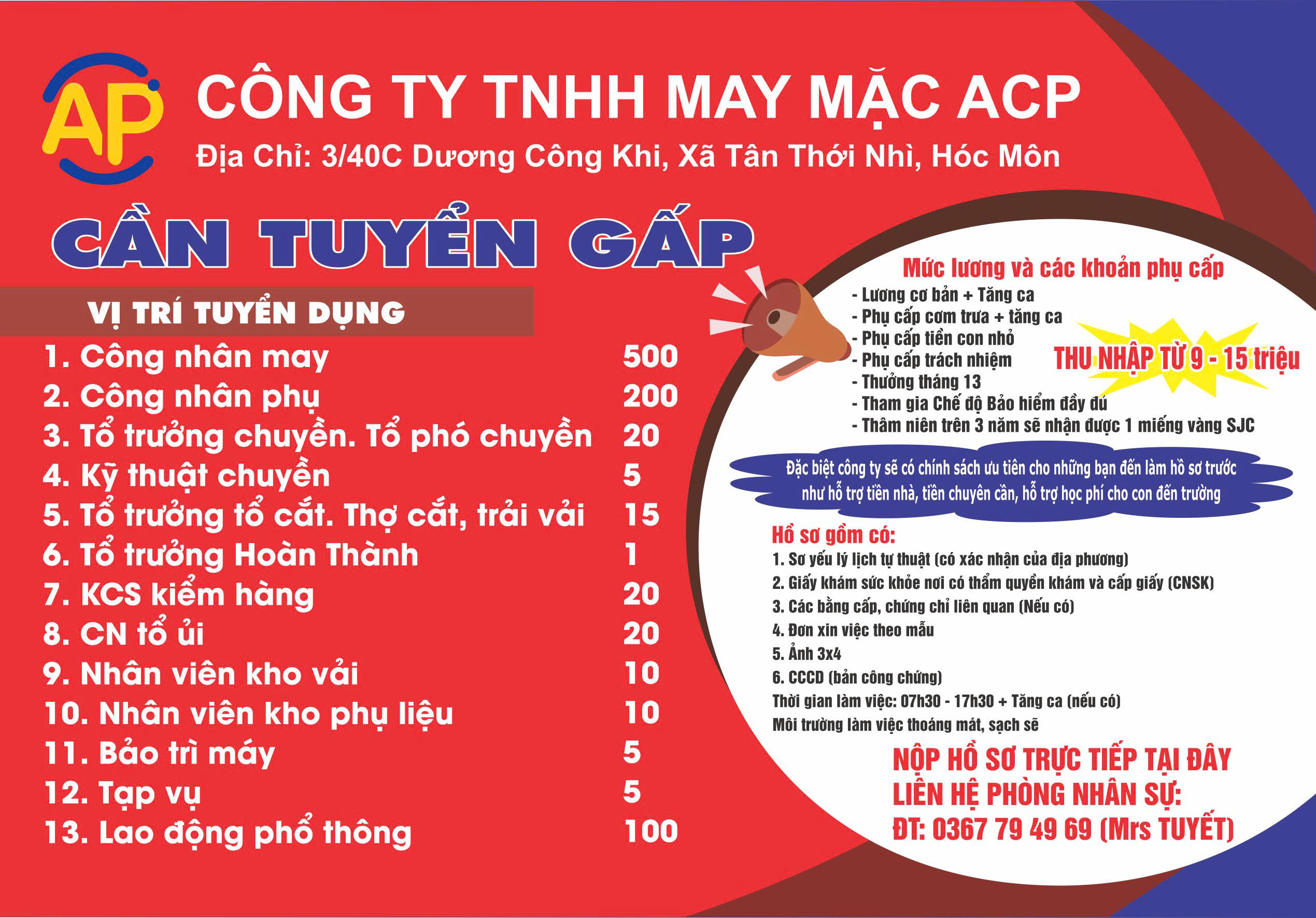 Tặng vàng SJC cho ứng viên trúng tuyển tại Công ty May mặc ACP